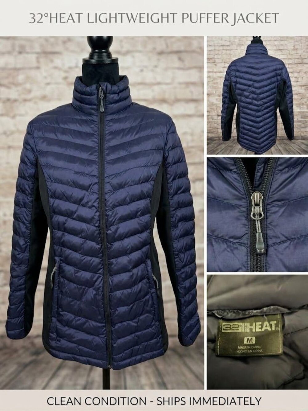 32 Degree Heat Light Weight Puffer Jacket Women's Size Medium Blue & Black